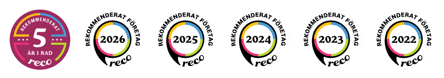 Rekommenderat företag på Reco 5 år i rad: 2022, 2023, 2024, 2025, 2026